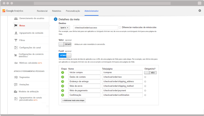 Como configurar meta e funil no Google Analytics